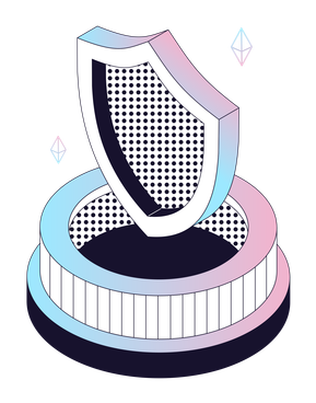 Dreidimensionales Schutzschild auf Plattform als Sinnbild für Datenschutz und digitale Sicherheit