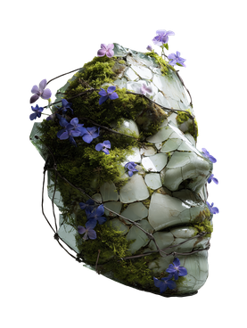 Organische Steinmosaik-Figur mit Moos und Blumen als visuelle Metapher für eigenständige Eventästhetik