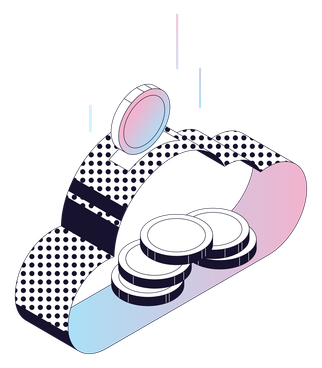 Schwebende Münze, die in eine Cloud-Wallet fällt, als Bild für Cashless Wallet und Top-ups