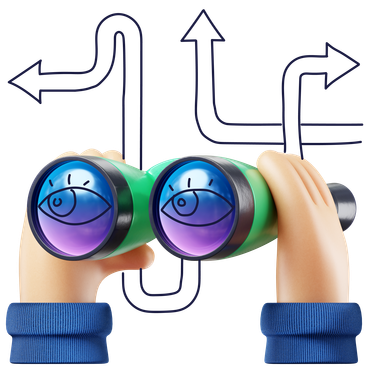 Hände mit Fernglas und Richtungspfeilen als Bild für gesteuerte Sichtbarkeit und Zugang