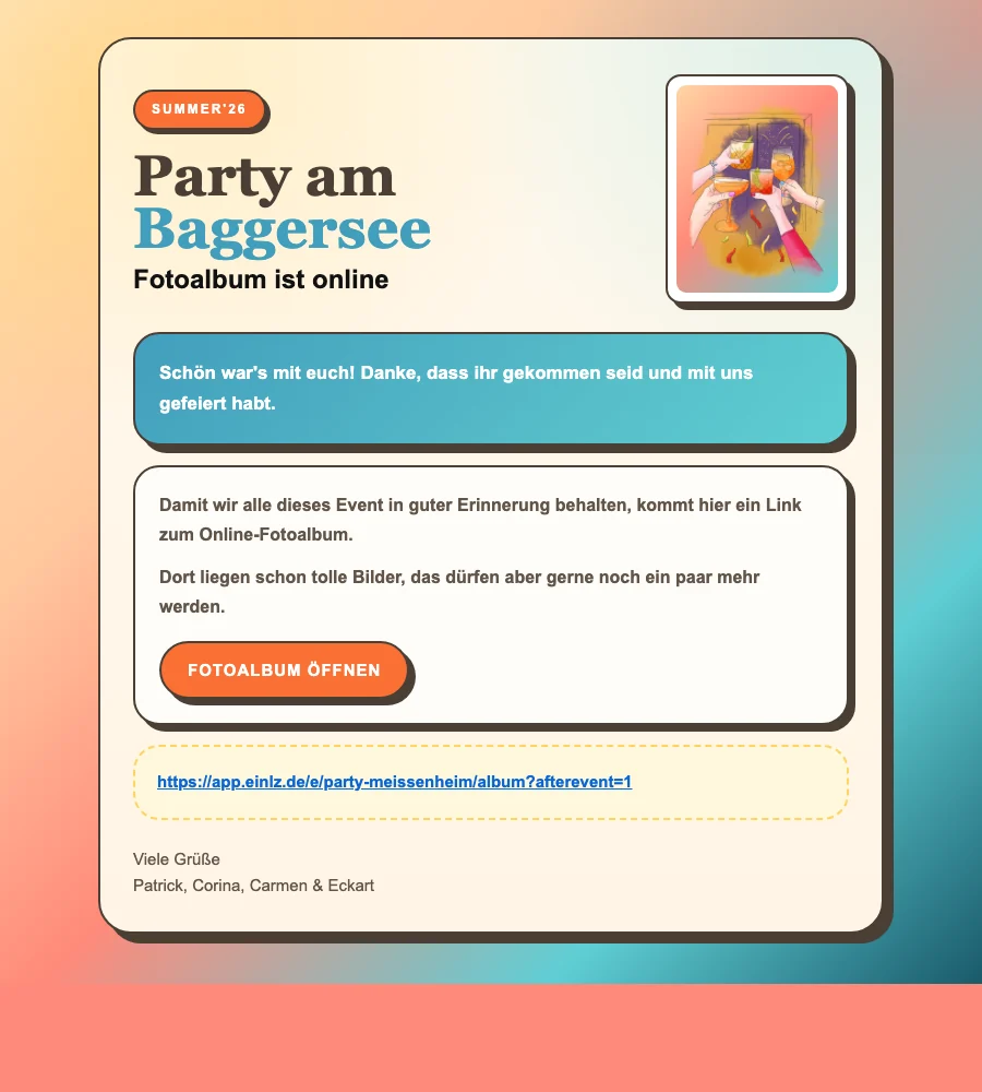Album-Nachricht zur Party am Baggersee: Dank an die Gäste und Einladung zum gemeinsamen Fotoalbum