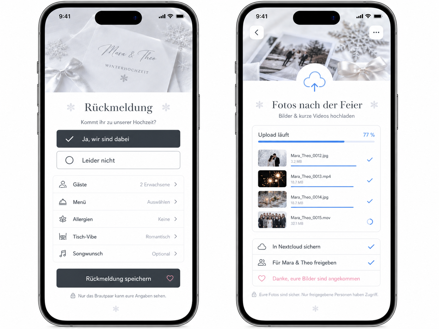 EINLZ Fotoalbum auf zwei Smartphones mit RSVP und laufendem Upload von Fotos und Videos