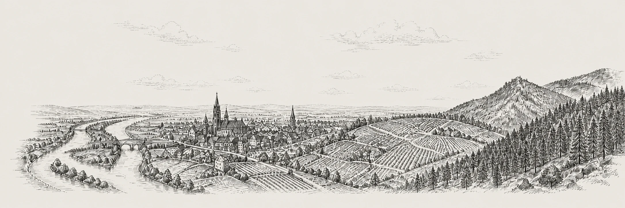 Gezeichnetes Ortenau-Panorama von der Rheinebene bis zum Schwarzwald