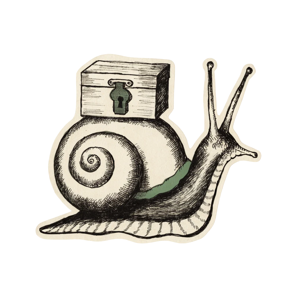 Freigestellte Schwarzwald-Illustration: Schnecke trägt einen verschlossenen Archivkasten