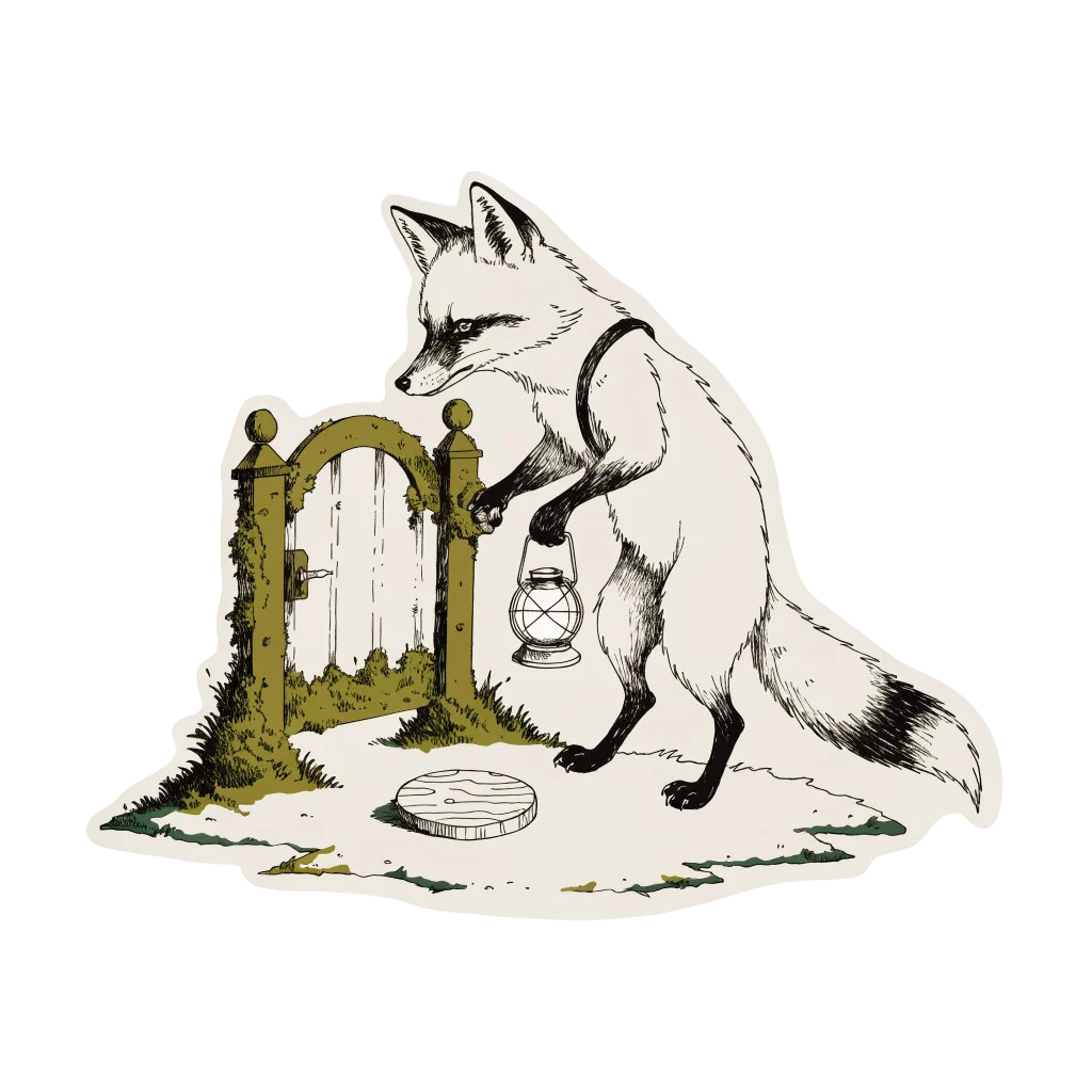 Freigestellte Schwarzwald-Illustration: Fuchs mit Laterne an einer moosigen Schwelle