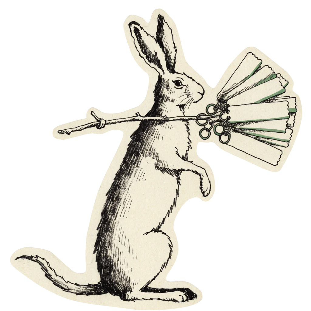 Freigestellte Schwarzwald-Illustration: Hase mit leeren Ticket-Anhängern