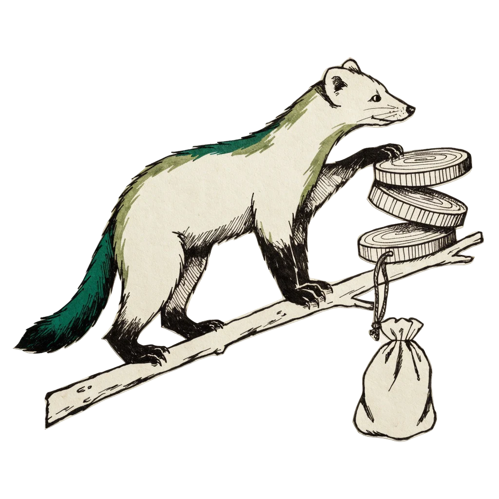 Freigestellte Schwarzwald-Illustration: Marder balanciert leere Holzmarken und Beutel