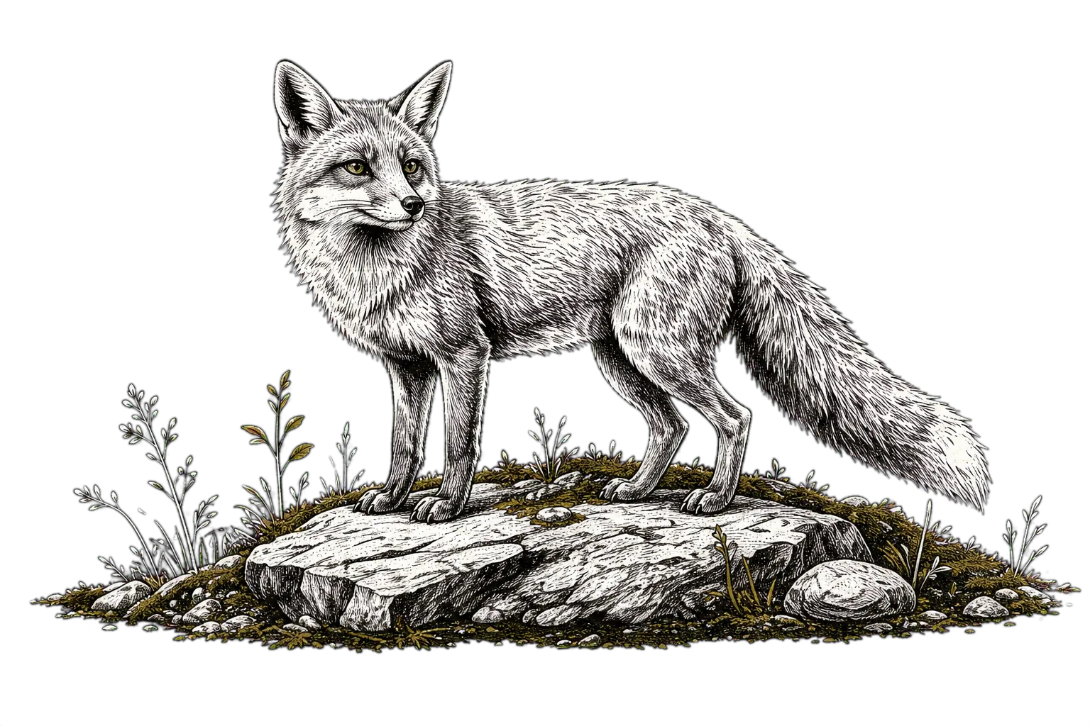 Freigestellter Fuchs auf einem moosigen Schwarzwaldfelsen