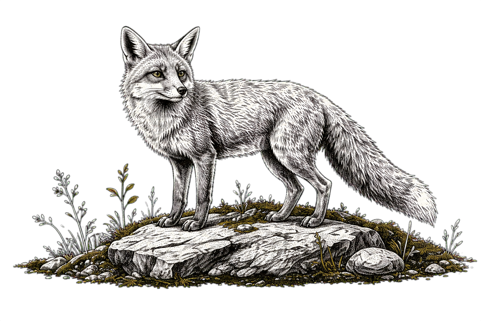 Freigestellter Fuchs auf einem moosigen Schwarzwaldfelsen