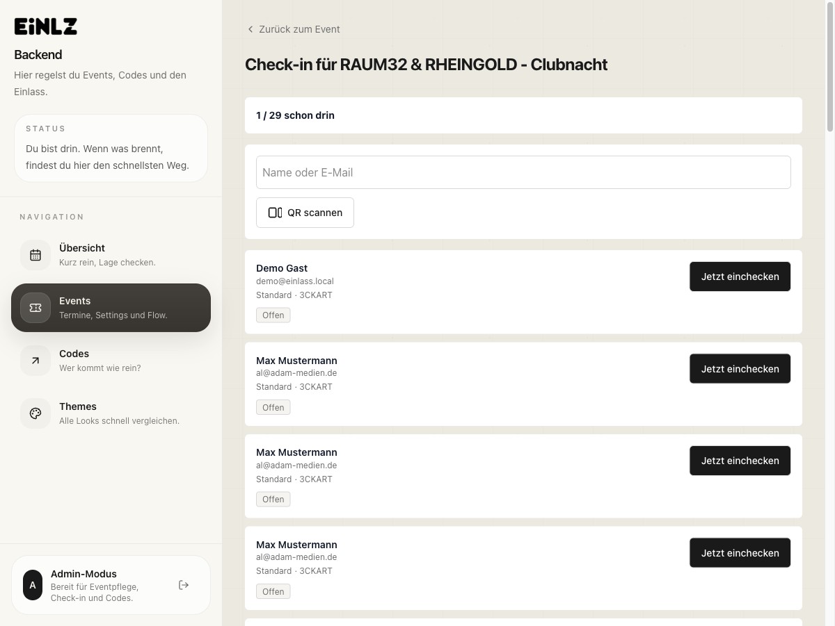 EINLZ Check-in Oberfläche mit Suche und Scan