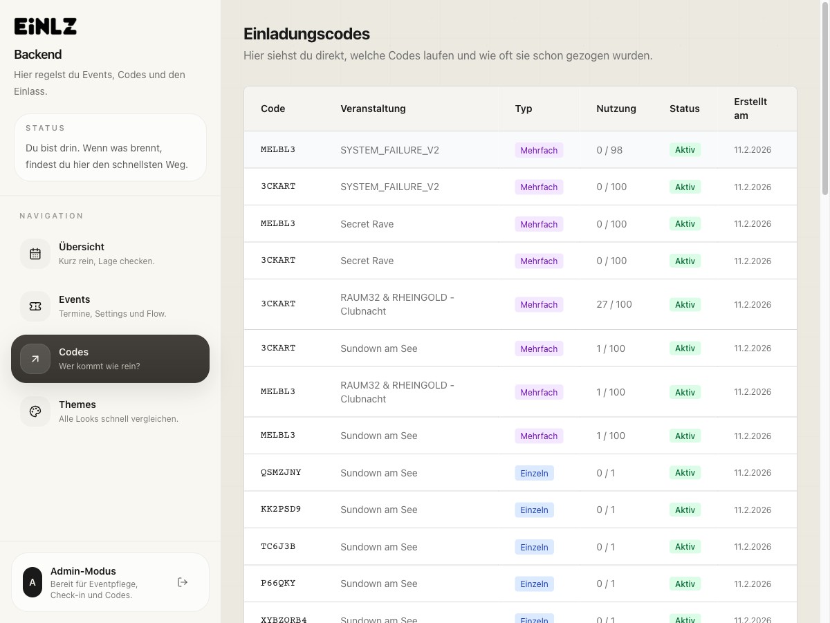 EINLZ Codes-Ansicht im Admin