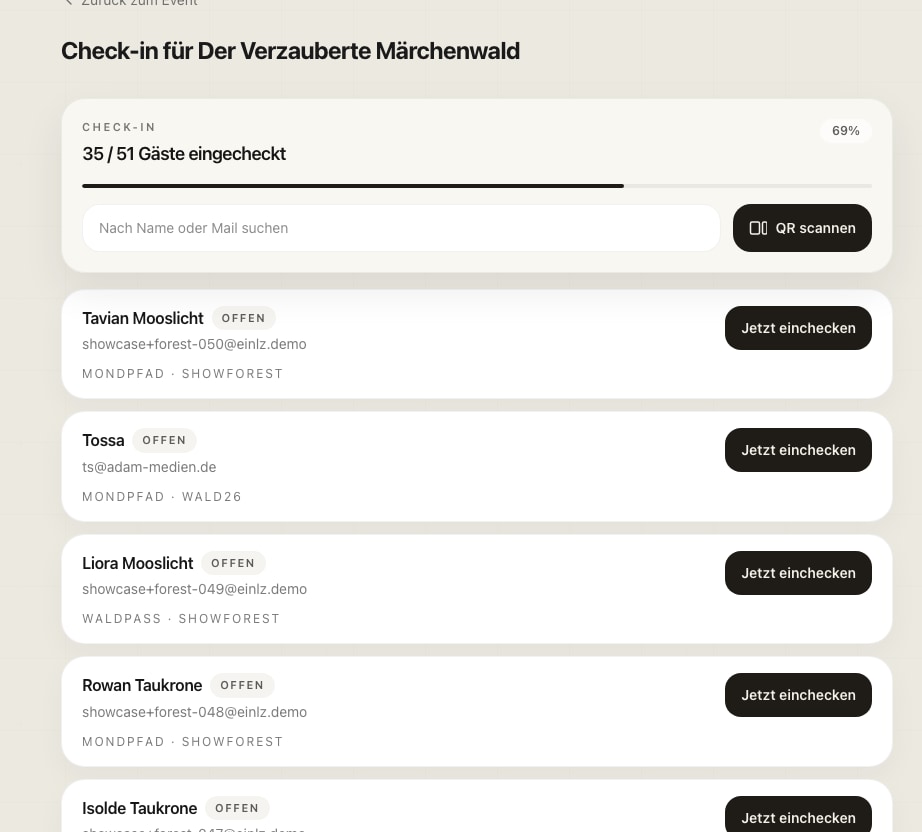 EINLZ Check-in Oberfläche mit Suche und Scan