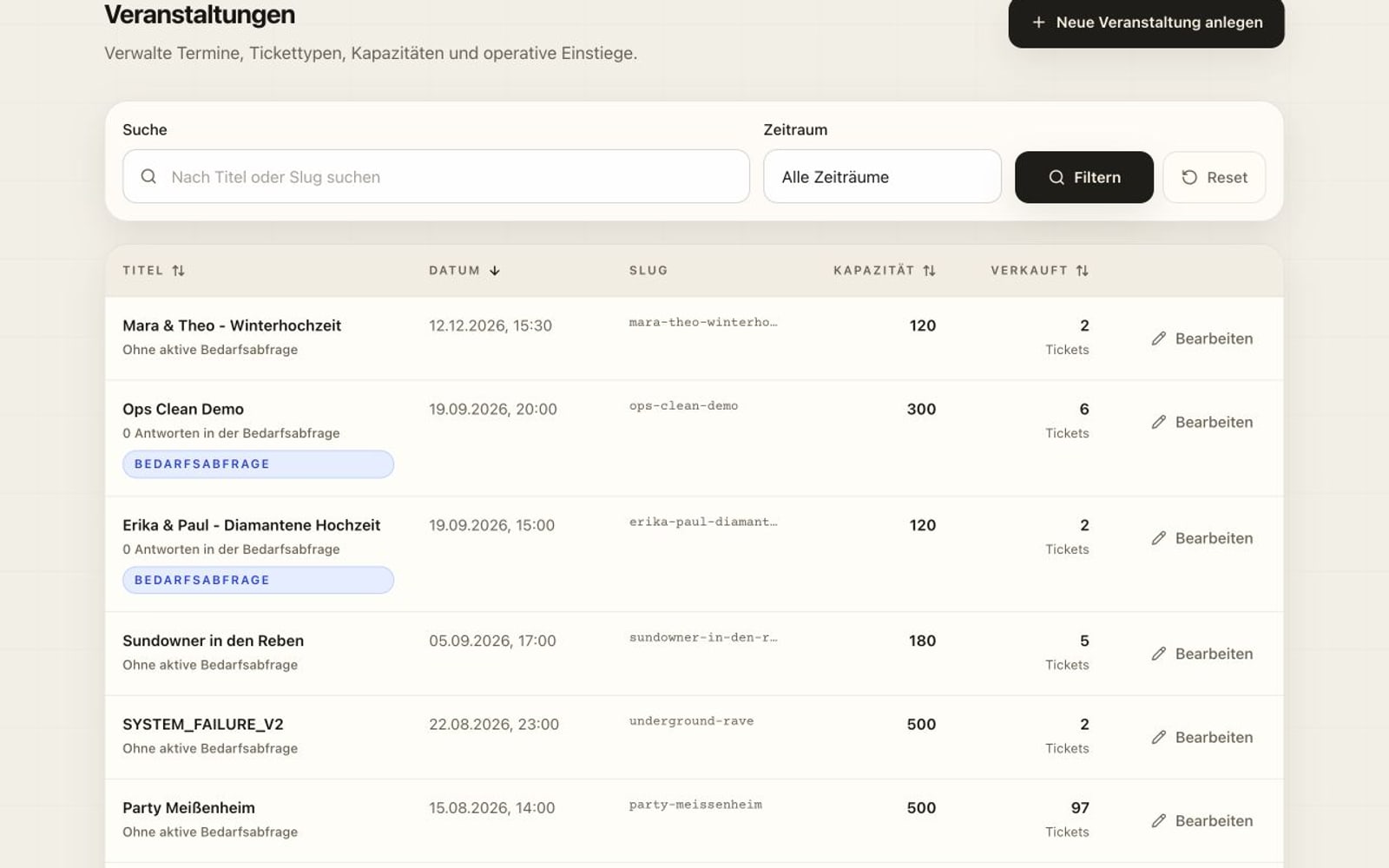 EINLZ Eventliste im Admin mit sauberem Portfolio-Überblick