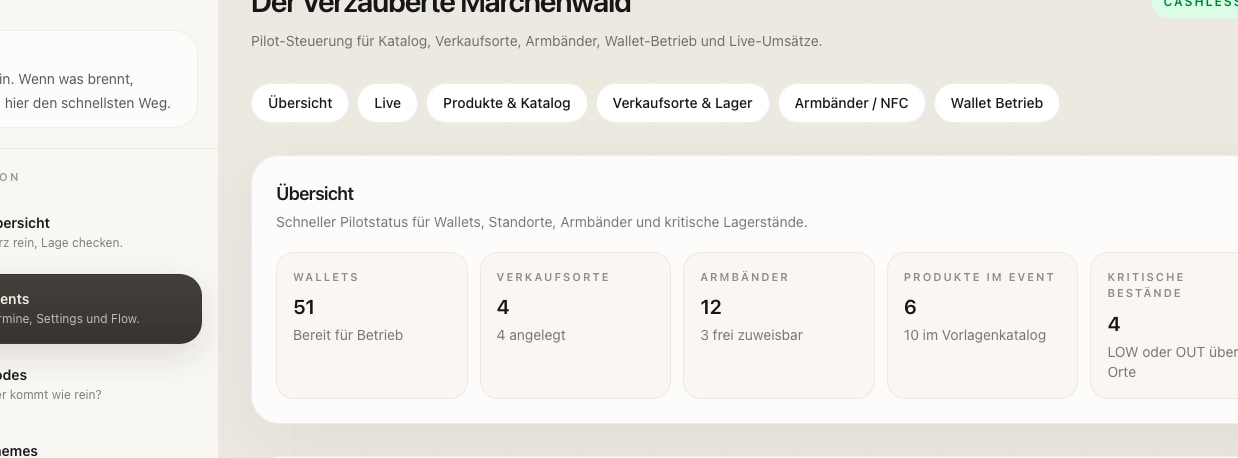 EINLZ Cashless Hub mit sichtbaren Bestands- und On-Site-Signalen