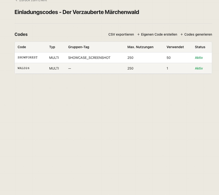 EINLZ Codes-Ansicht im Admin