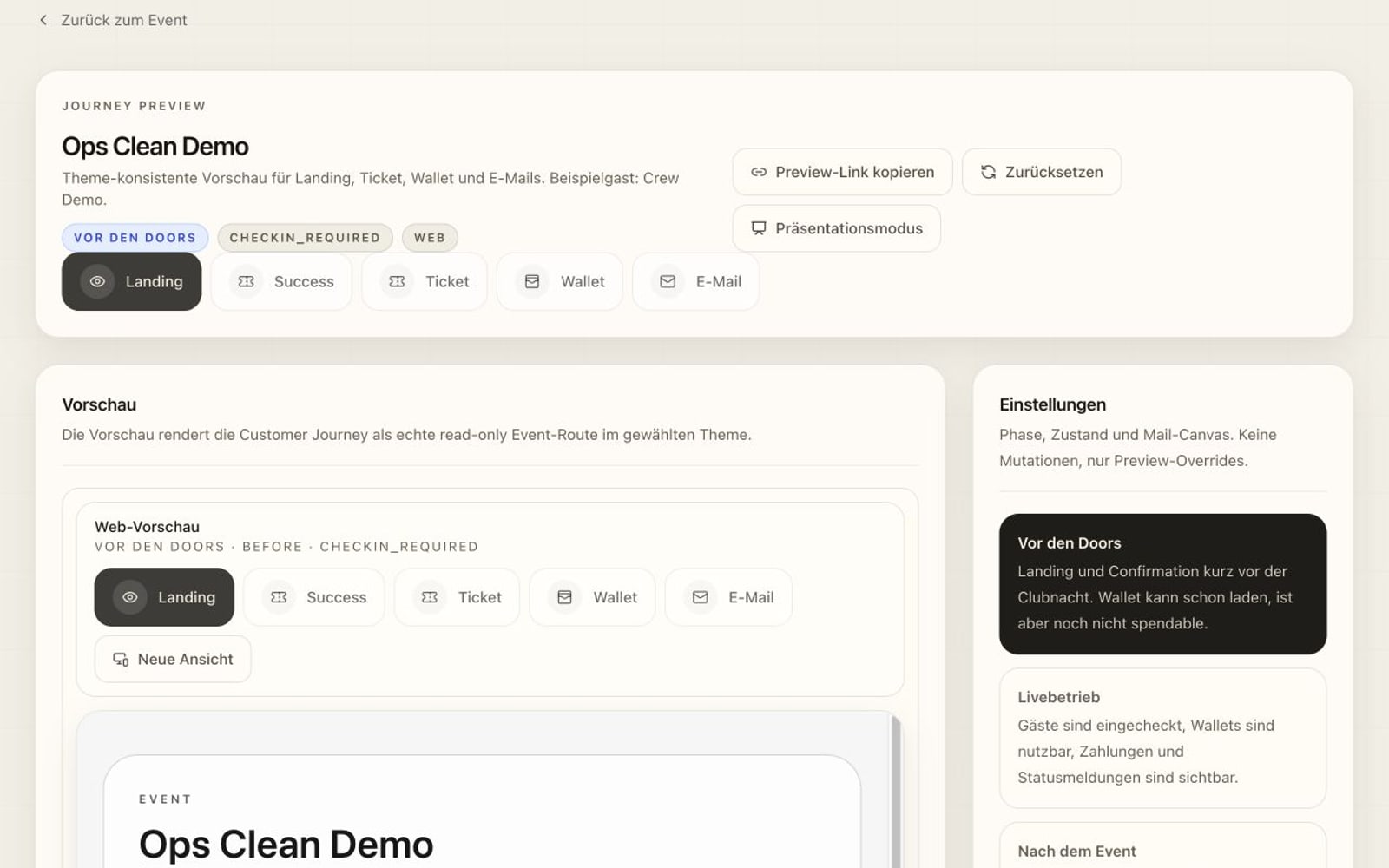 EINLZ Admin-Workbench mit zentraler Vorschau der Guest Journey