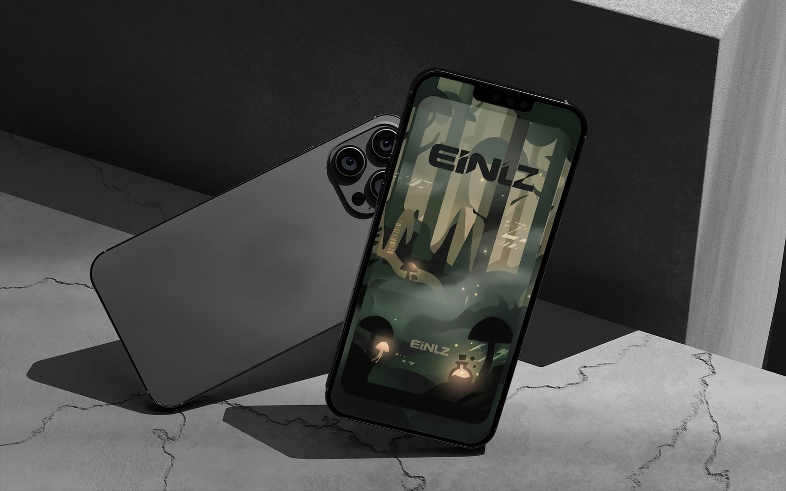 Branded Forest Smartphone Mockup mit EINLZ Guest Flow auf dunkler Buehne