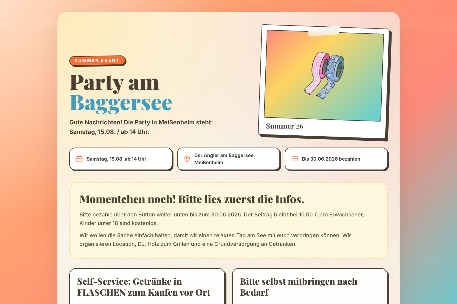 Gestaltete Eventseite der Party am Baggersee mit Termin, Ort und Hinweisen zum Kostenbeitrag