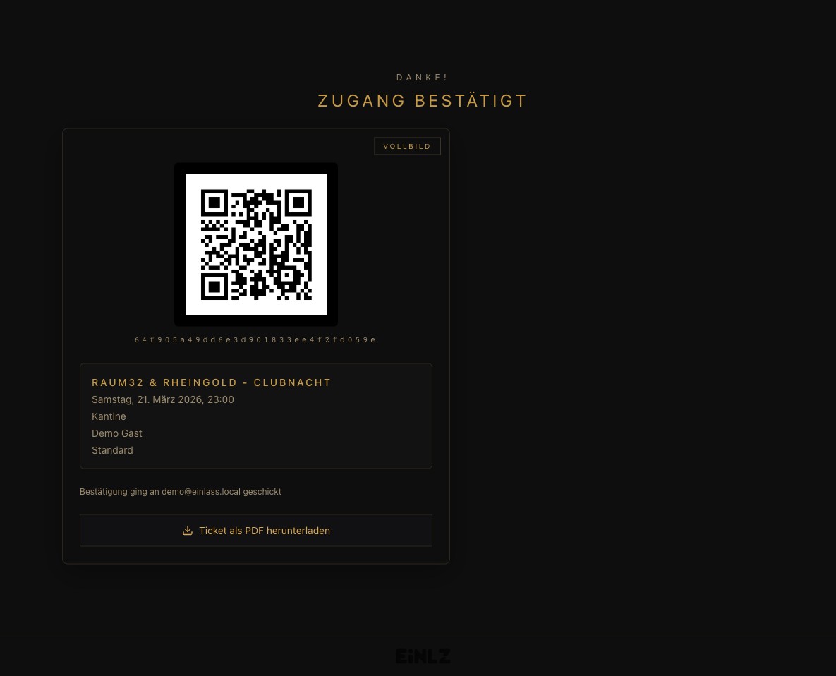 EINLZ Success-Seite mit QR-Code und Ticketzugriff