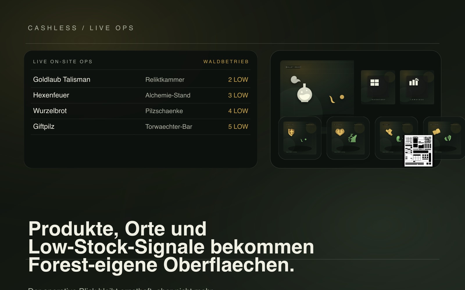 Stilisierter Cashless- und Live-Ops-Mockup für Produkte, Orte und Low-Stock-Signale