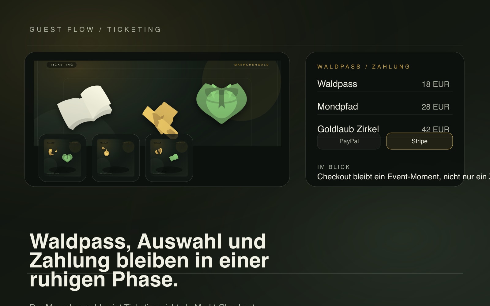 Stilisierter EINLZ Ticketing-Mockup mit Preis und Zahlungsphase