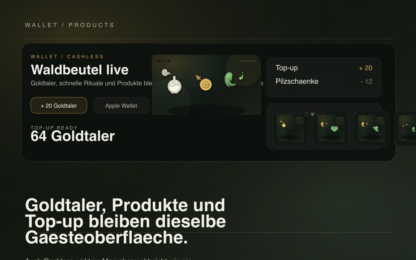 Stilisierter Waldbeutel-Mockup mit Top-up, Produkten und Wallet-Status